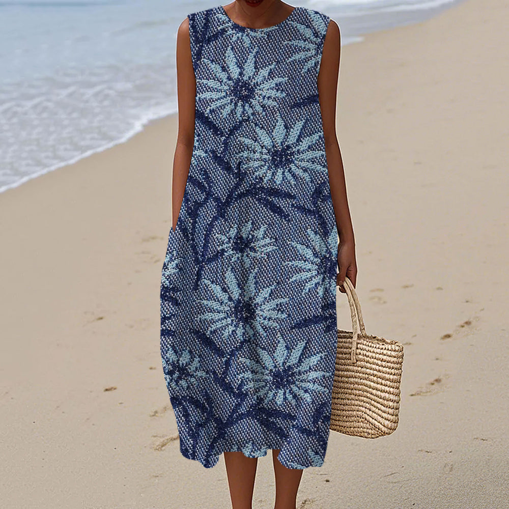 Japanese Floral Pattern Women's Linen Vest Dress artswardrobe
