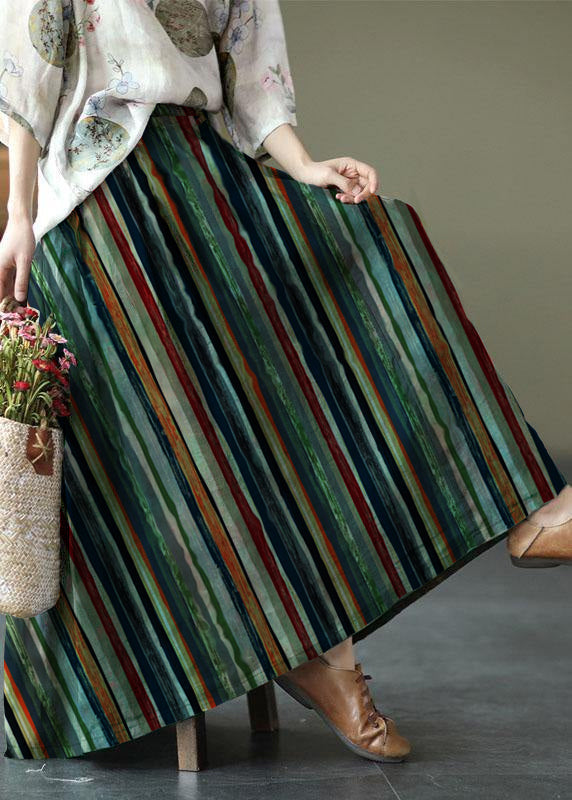 Brown and Red Stripes Ramie Elastic Waist Skirt