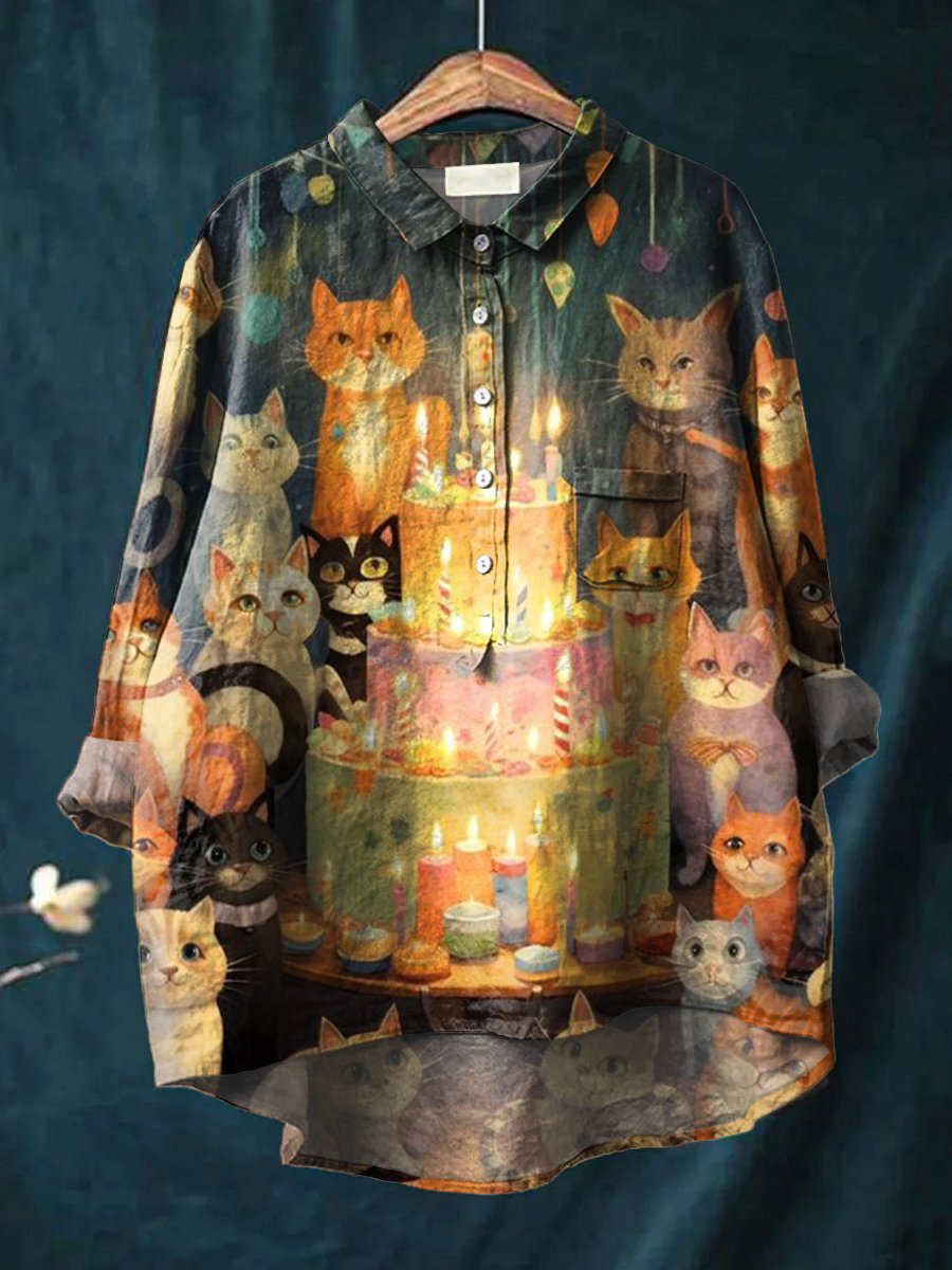 Women's Birthday Kittens Print Casual Cotton And Linen Shirt