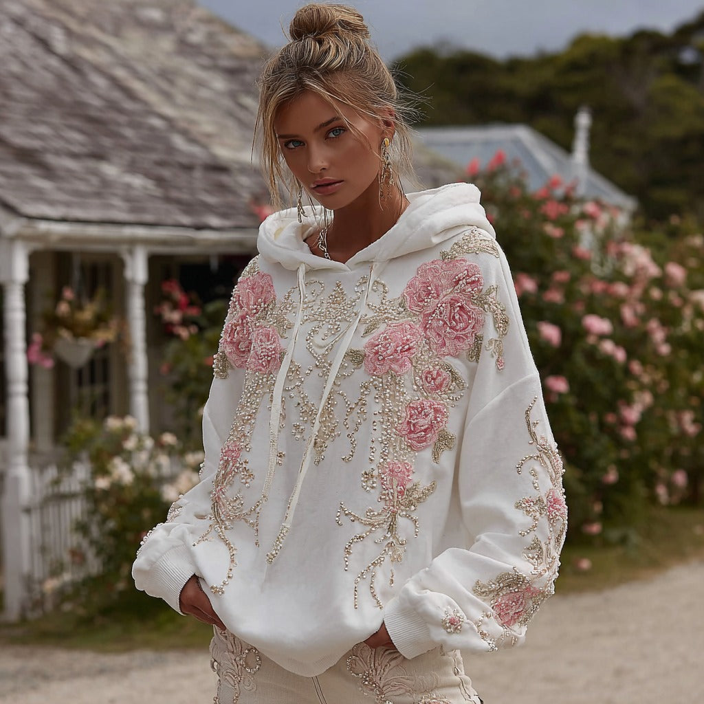 Comstylish Women's Vintage Rose Pearl Embroidery Comfortable Warm Hoodie