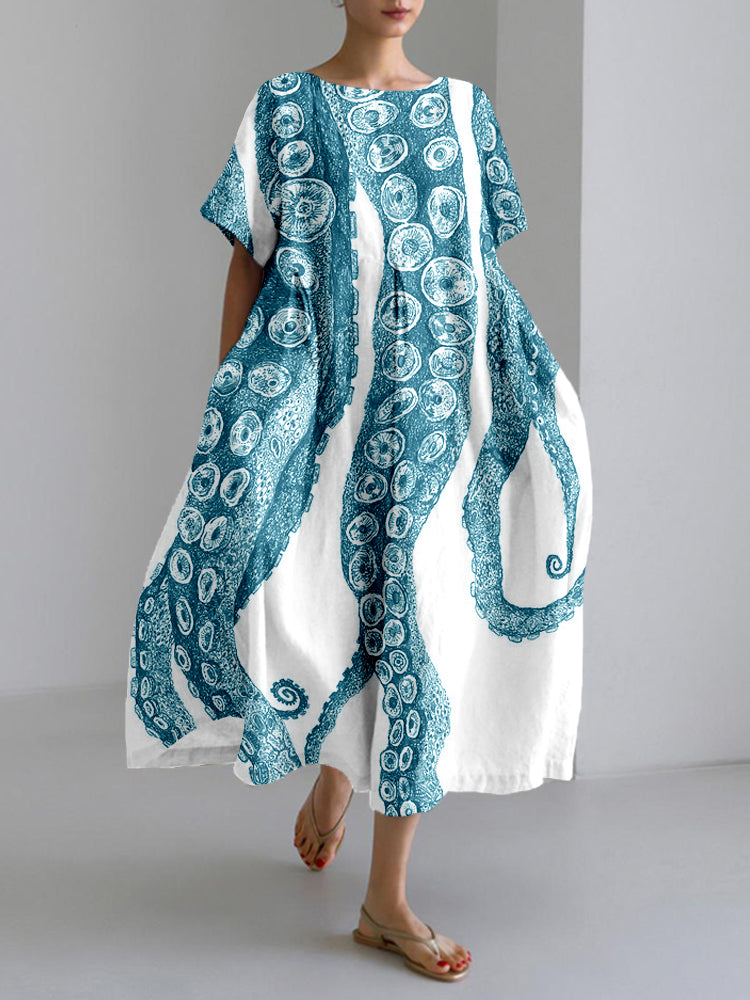 Comstylish Octopus Tentacles Art Linen Blend Cozy Maxi Dress