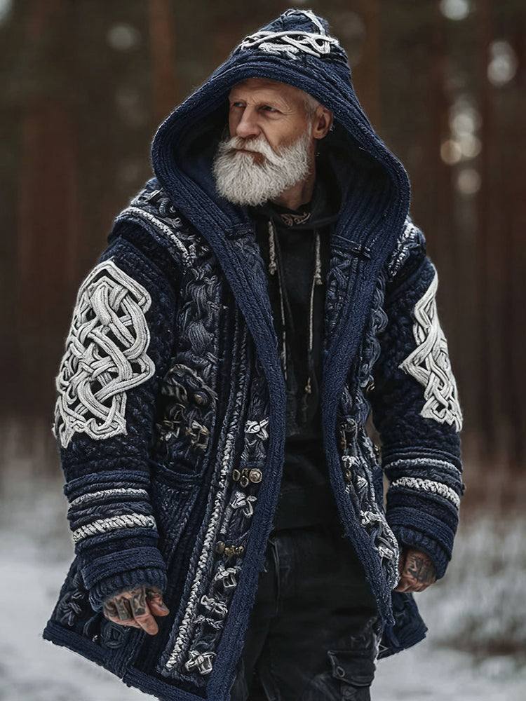 Men's Viking Celtic Geometry Pattern Art Cozy Knit Hooded Cardigan artswardrobe