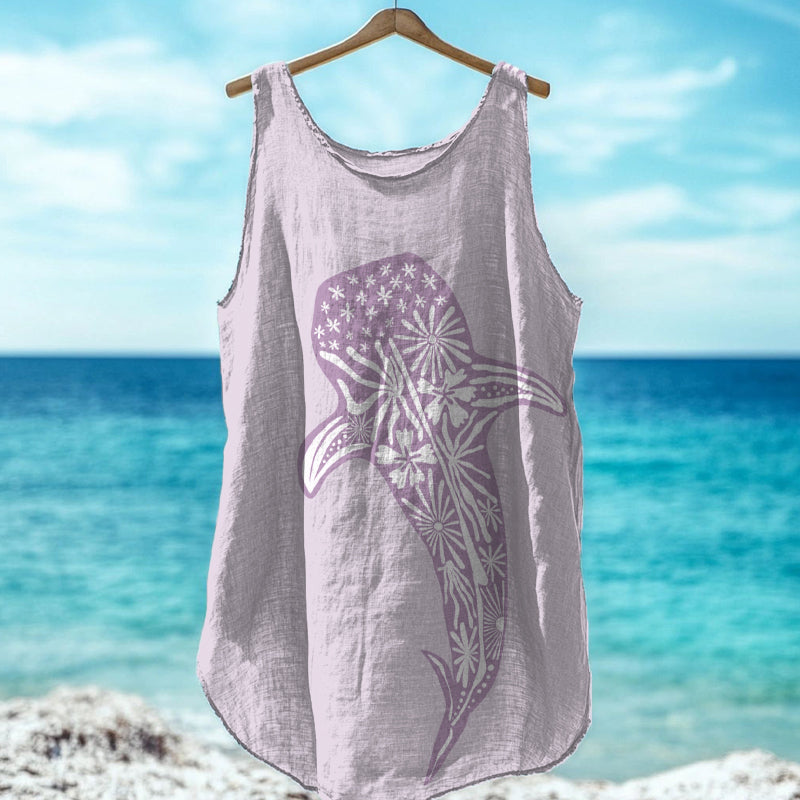 Whale Art Print Linen Blend Tank Top artswardrobe