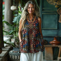 Women's Retro Loose Bohemia Colorful Floral Style Linen Suspender Sleeveless Top artswardrobe