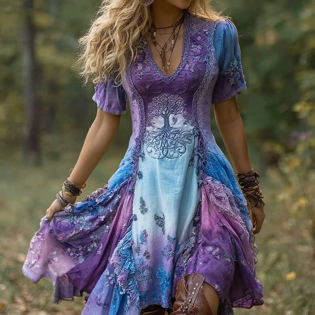 Women's Vintage Viking Tree Of Life Gradient Midi Dress artswardrobe