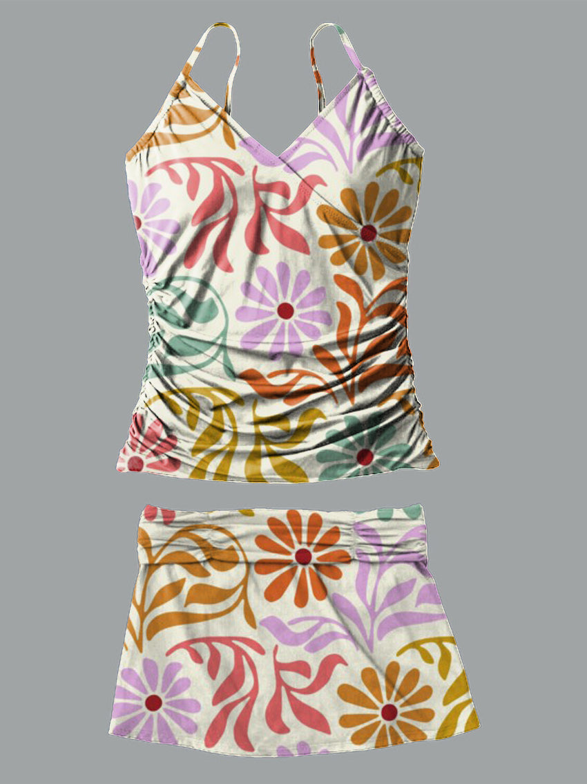 Line Flower V-Neck Vintage Flowers Print Suspender Skirt Tankini Pantskirt Set Swimsuit