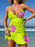 V-Neck Vintage Summer Flowers Print Suspender Skirt Tankini Pantskirt Set Swimsuit