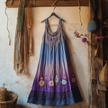 Boho Gradient Floral Embroidered Pattern Lace Patchwork Art Linen Dress artswardrobe