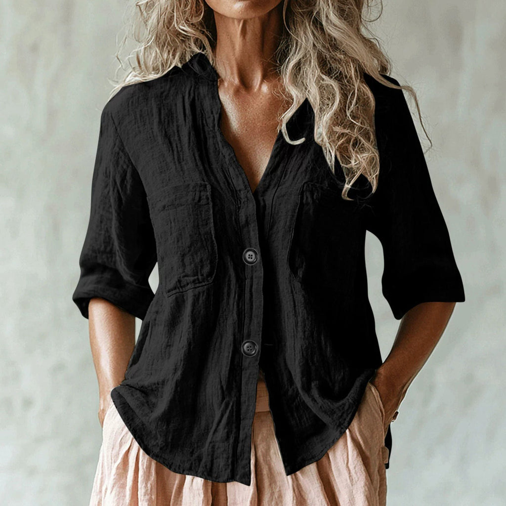 Comstylish Women's Vintage Solid Color Multiple Pockets Linen Shirt