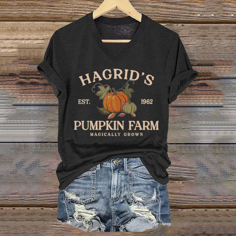 Women's Hagrid's Pumpkin Patch Print V Neck T-Shirt artswardrobe