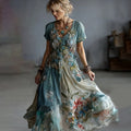 Vintage Gradient Blue Floral Embroidered Linen V Neck Maxi Dress artswardrobe