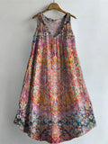 Women's Ethnic Totem Floral Art Print V-neck Pocket Cotton Dress