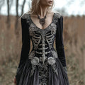 Comstylish Vintage Skeleton Floral Fiber Art Cozy Velvet Maxi Dress