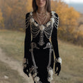 Comstylish Vintage White Roses Skeleton Pearls V Neck Velvet Maxi Dress