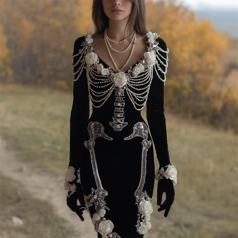 Comstylish Vintage White Roses Skeleton Pearls V Neck Velvet Maxi Dress