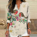 Comstylish Women's Vintage Bird And Floral Pattern Casual V Neck Shirt