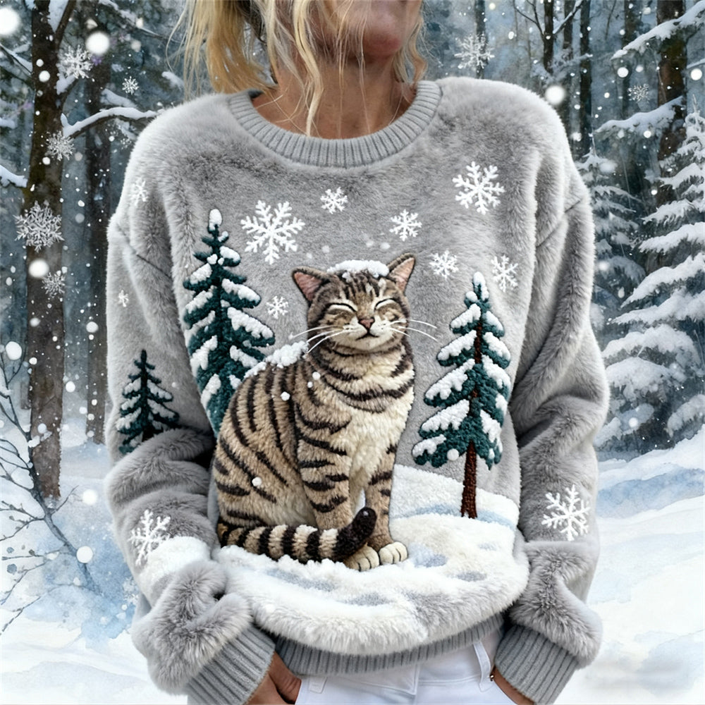 Winter Snowflake & Cat Women's Flannel Sweatshirt elevenforest