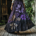 Women's Boho Lavender And Lace Patchwork Embroidered Art Linen Blend Skirt artswardrobe