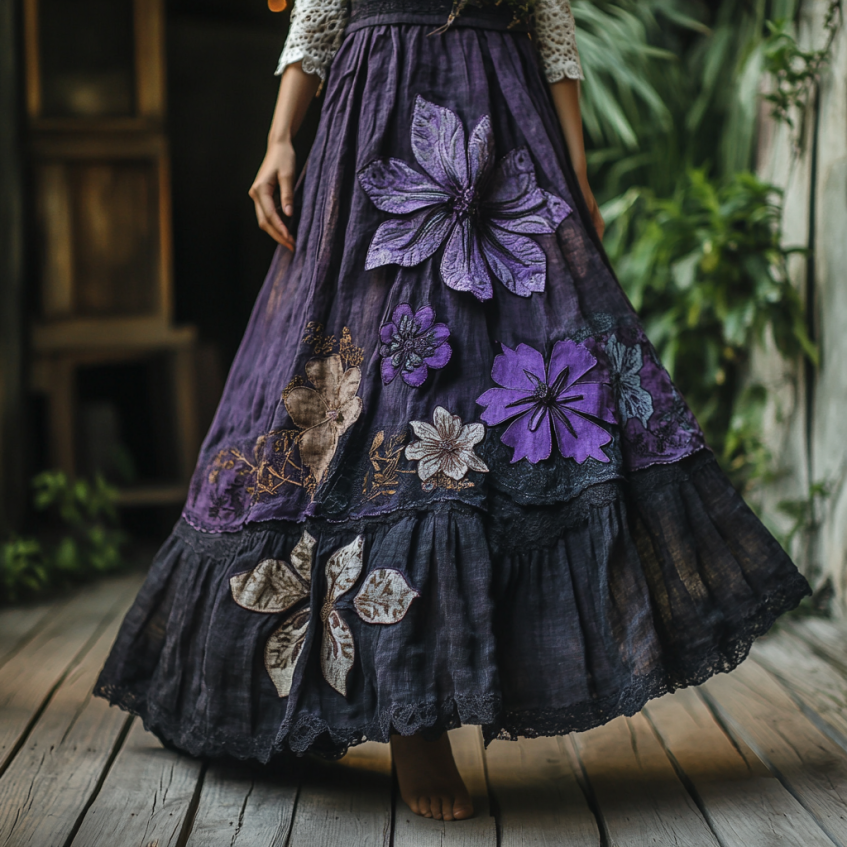 Women's Boho Lavender And Lace Patchwork Embroidered Art Linen Blend Skirt artswardrobe