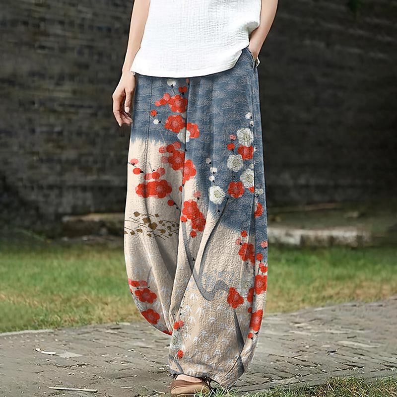 Comstylish Japanese Art Sakura Print Loose Casual Pants