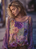 Comstylish Vintage Purple Flowers Embroidered Patchwork Linen Tunic