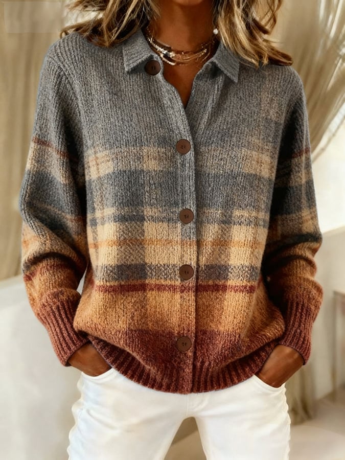 Women's Retro Plaid Art Print Casual Cardigan 