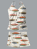 V-Neck Colorful Sardines Geometric Art Print Suspender Skirt Tankini Pantskirt Set Swimsuit