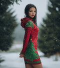 Comstylish Women's Vintage Christmas Tree With Glitter Pattern Art Cozy Knit Hooded Dress
