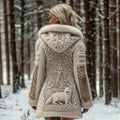 Comstylish Women's White Fox And Tree Of Life Celtic Jacquard Cozy Fur Collar Knit Hooded Cardigan