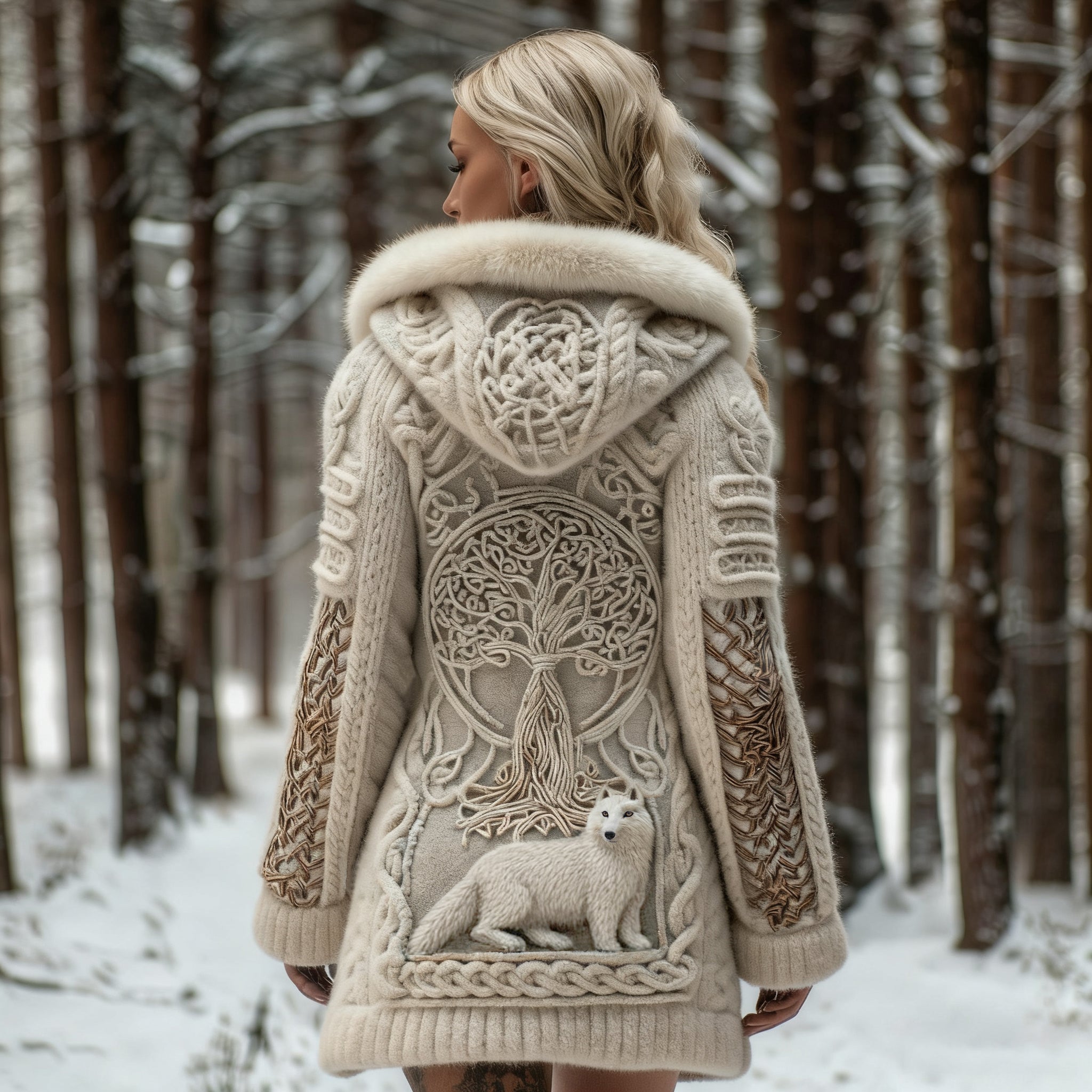 Comstylish Women's White Fox And Tree Of Life Celtic Jacquard Cozy Fur Collar Knit Hooded Cardigan