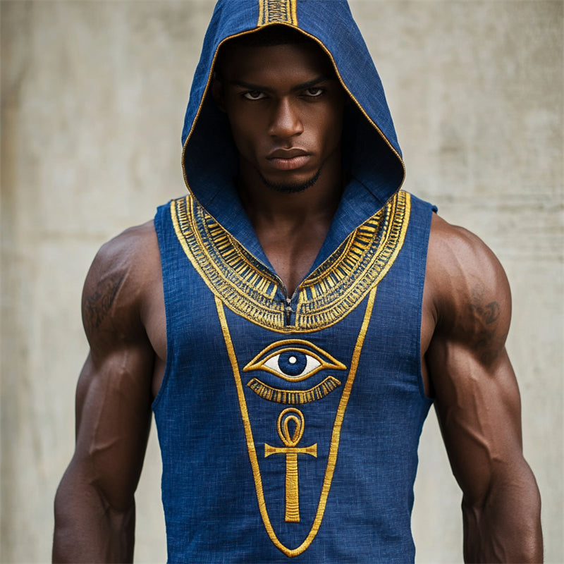 Men's Eye Of Horus Ankh Ancient Egyptian Hooded Linen Tank artswardrobe