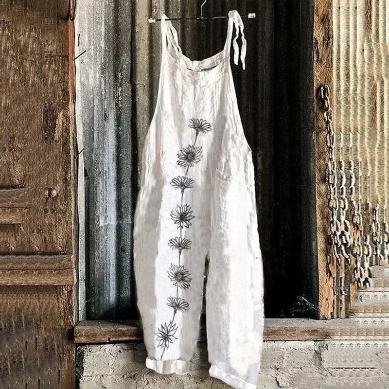 Women's Bohemian Style White Daisy Floral Linen Print Cotton Linen Jumpsuit artswardrobe