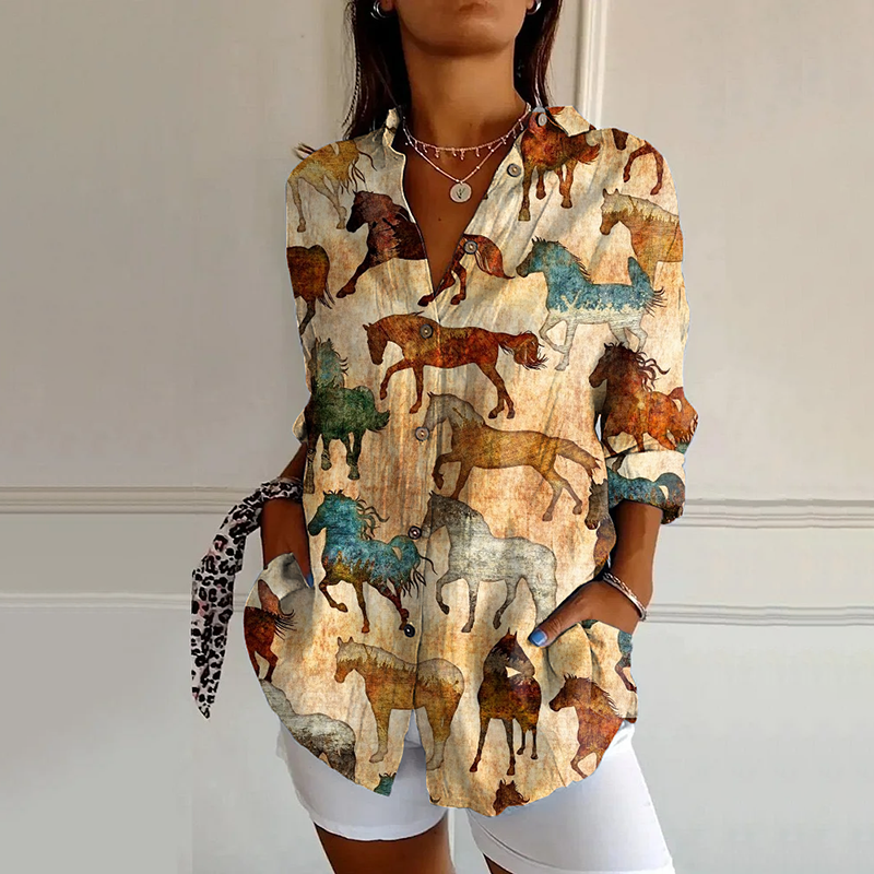 Comstylish Western Horse Print Long Sleeve Shirt