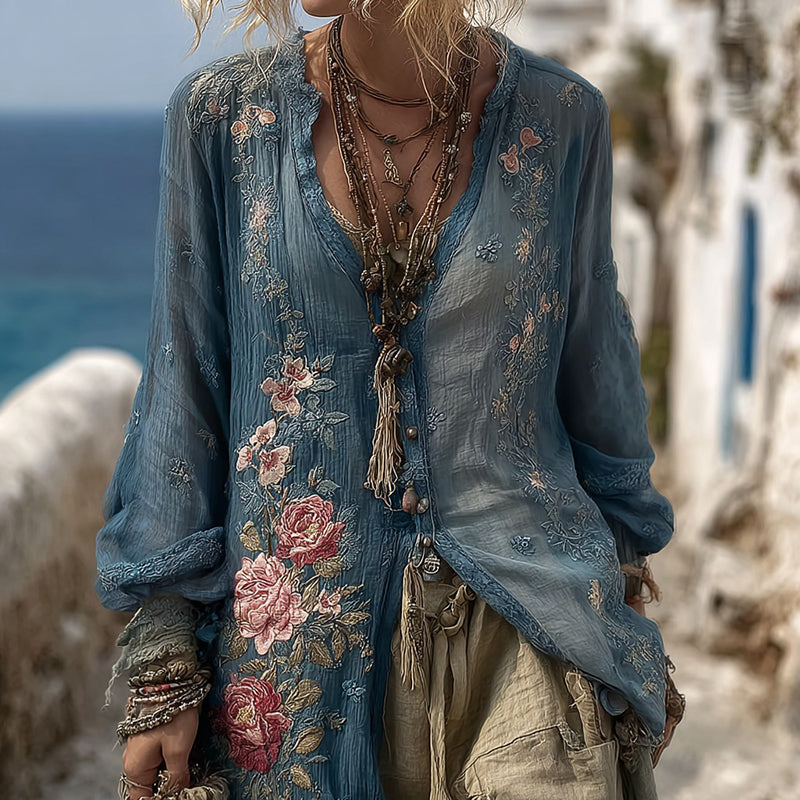 Women's Vintage Floral Embroidered Linen Shirt Cardigan artswardrobe
