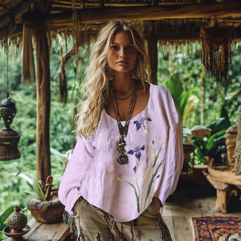 Floral Embroidery Boho Women's Linen Long Sleeve Shirt artswardrobe
