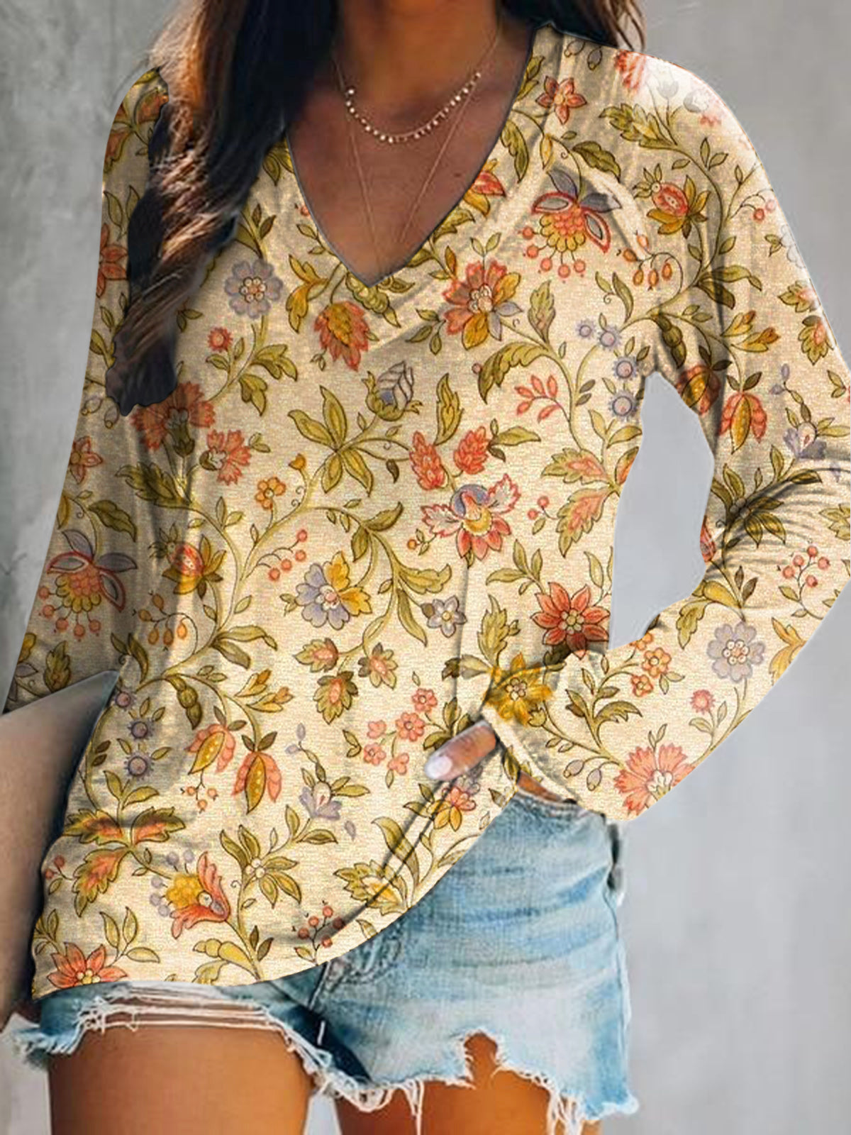Women's Casual Vintage Floral Art Print V Neck Long Sleeve Tops