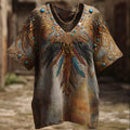 Western Colorful Feather Gemstone Element Tie-dye V-neck Linen Short-sleeved Shirt artswardrobe