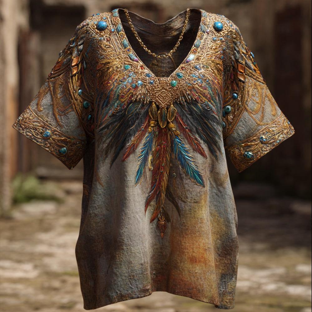 Western Colorful Feather Gemstone Element Tie-dye V-neck Linen Short-sleeved Shirt artswardrobe