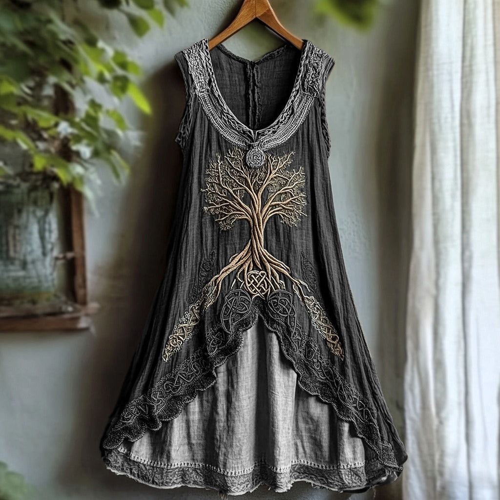 Tribal Viking Life Of Tree Celtic Knot Lace Art Linen Tank Dress artswardrobe