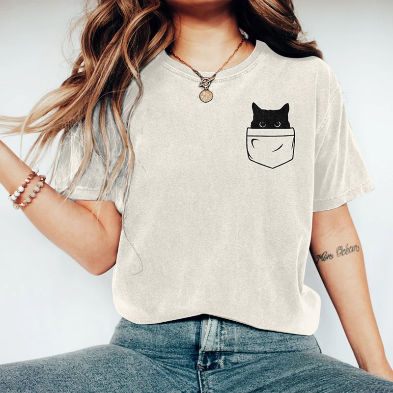 Comstylish Abstract Creative Pocket Black Cat Art Print T-shirt