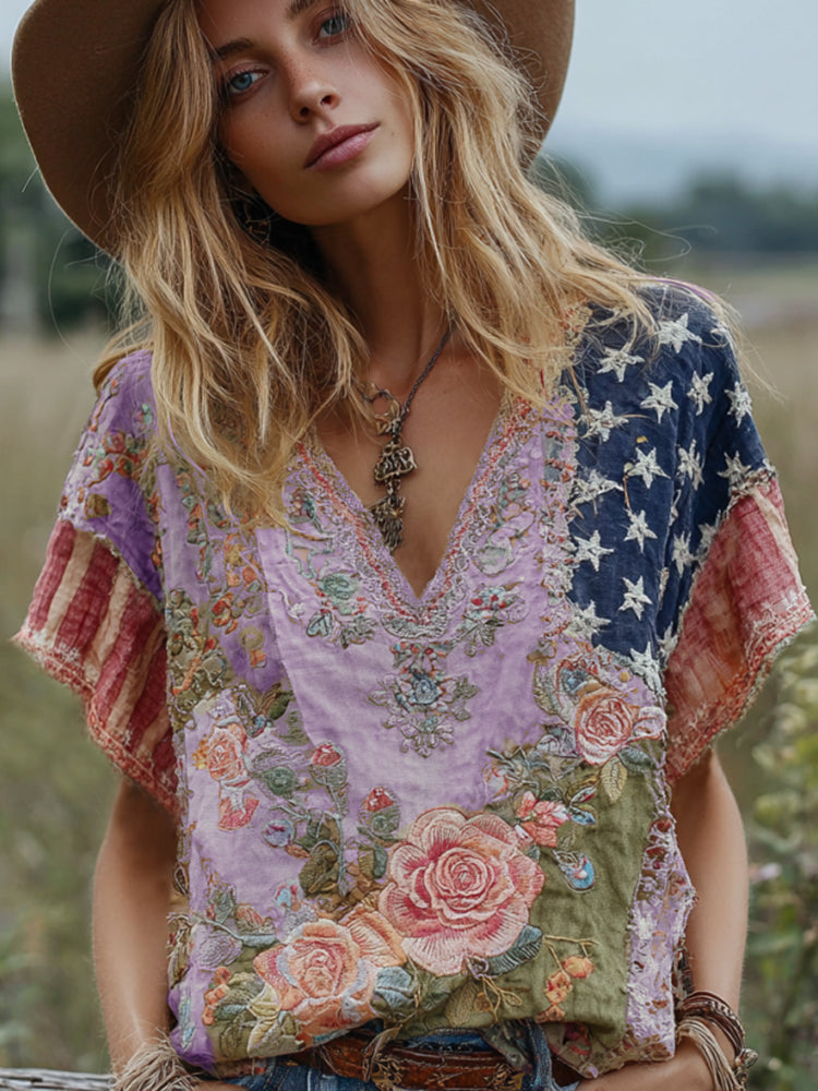 Women's Vintage American Western Country Style Floral And Stars Embroidered Linen Blend V-neck T-shirt artswardrobe