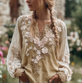 Comstylish Bohemian Style Three-dimensional Flower Pattern Women's V-neck Long-sleeve Cotton And Linen Shirt