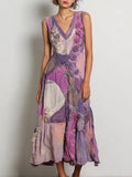 Vintage Purple Roses Embroidered Patchwork Linen Tank Dress artswardrobe