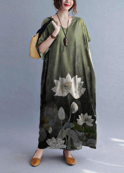 Italian Green Lotus V Neck Pockets Print Summer Holiday Dress Short Sleeve