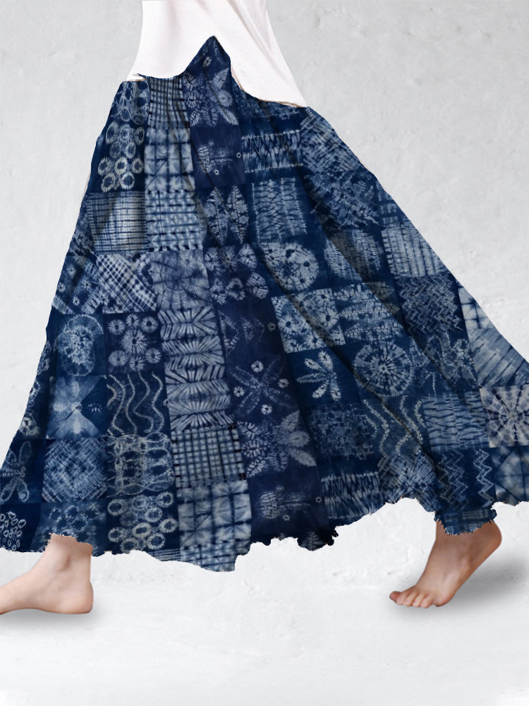 Comstylish Tie Dye Ocean Art Cotton Linen Flowy Skirt
