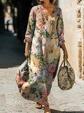 Women's Vintage Oil Painting Floral Art Print Pocket Cotton Dress