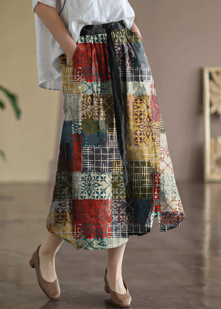 Khaki Elastic Waist Print Linen Skirts Summer