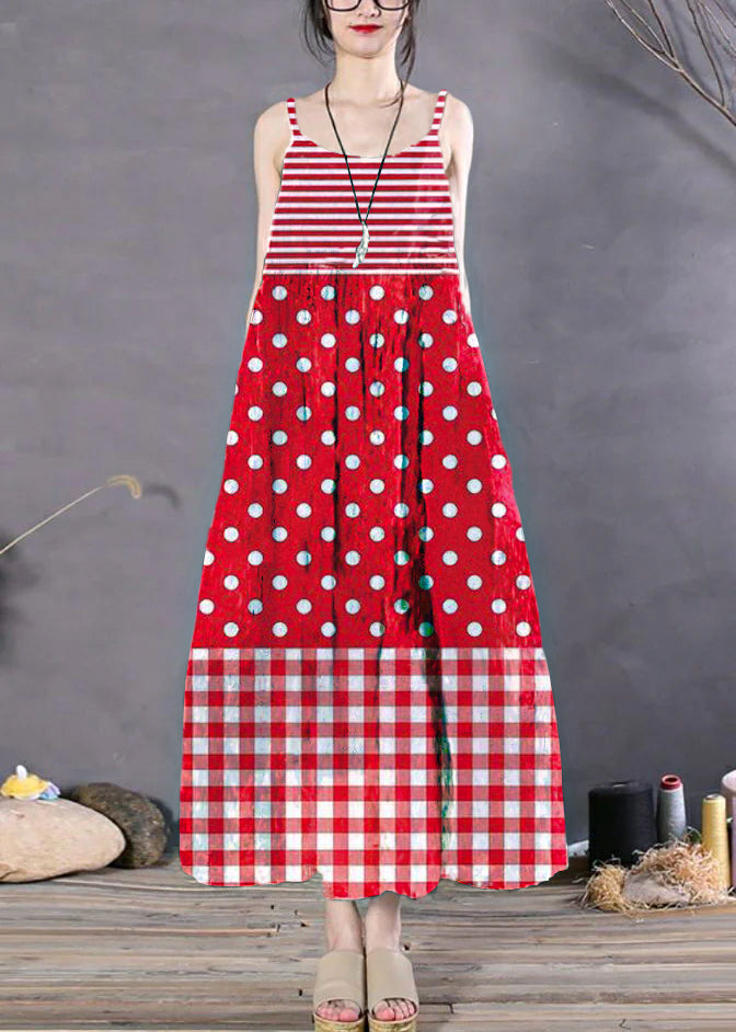 Red Geometry Wrinkled Spaghetti Strap Long Dress Sleeveless