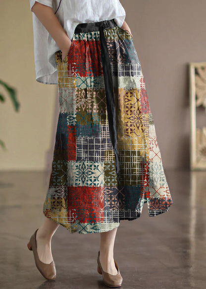 Red Geometry Elastic Waist Print Linen Skirts Summer