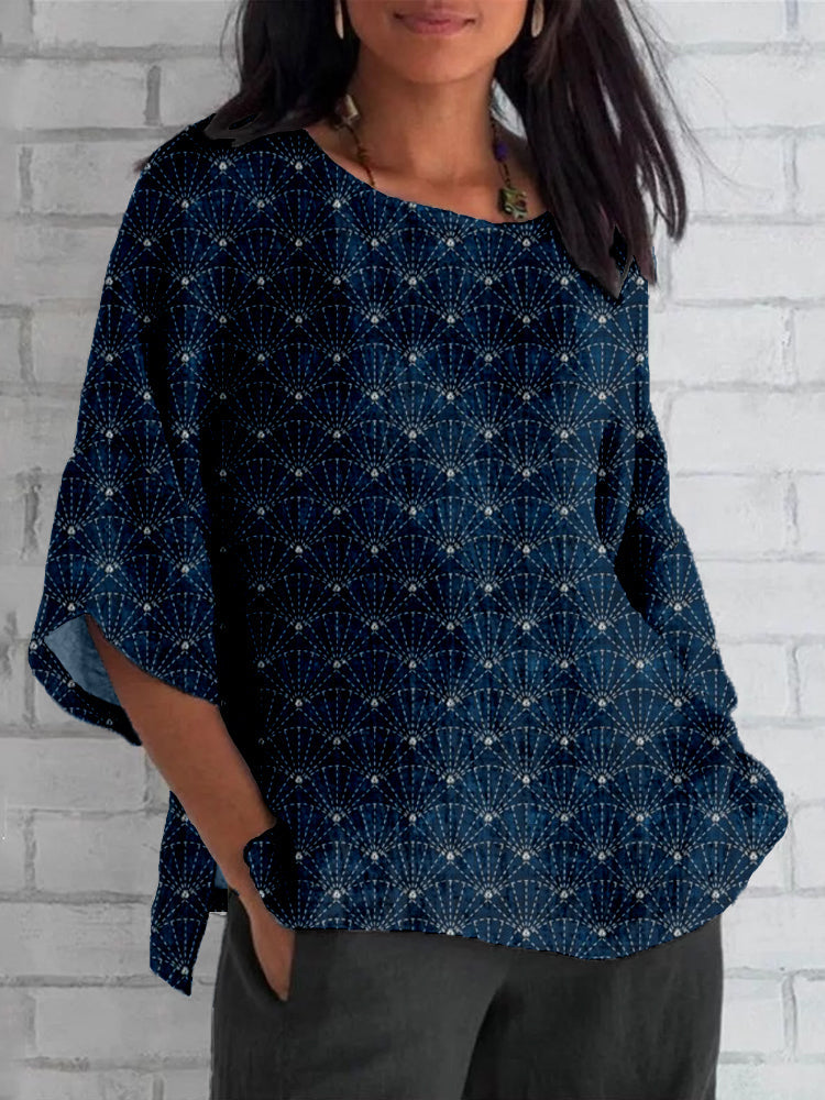 Comstylish Japanese Sashiko Uchiwa Art Linen Blend Cozy Tunic